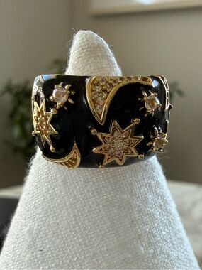 Gold & Black Celestial Starburst Wide Ring - Women's Fashion Jewelry